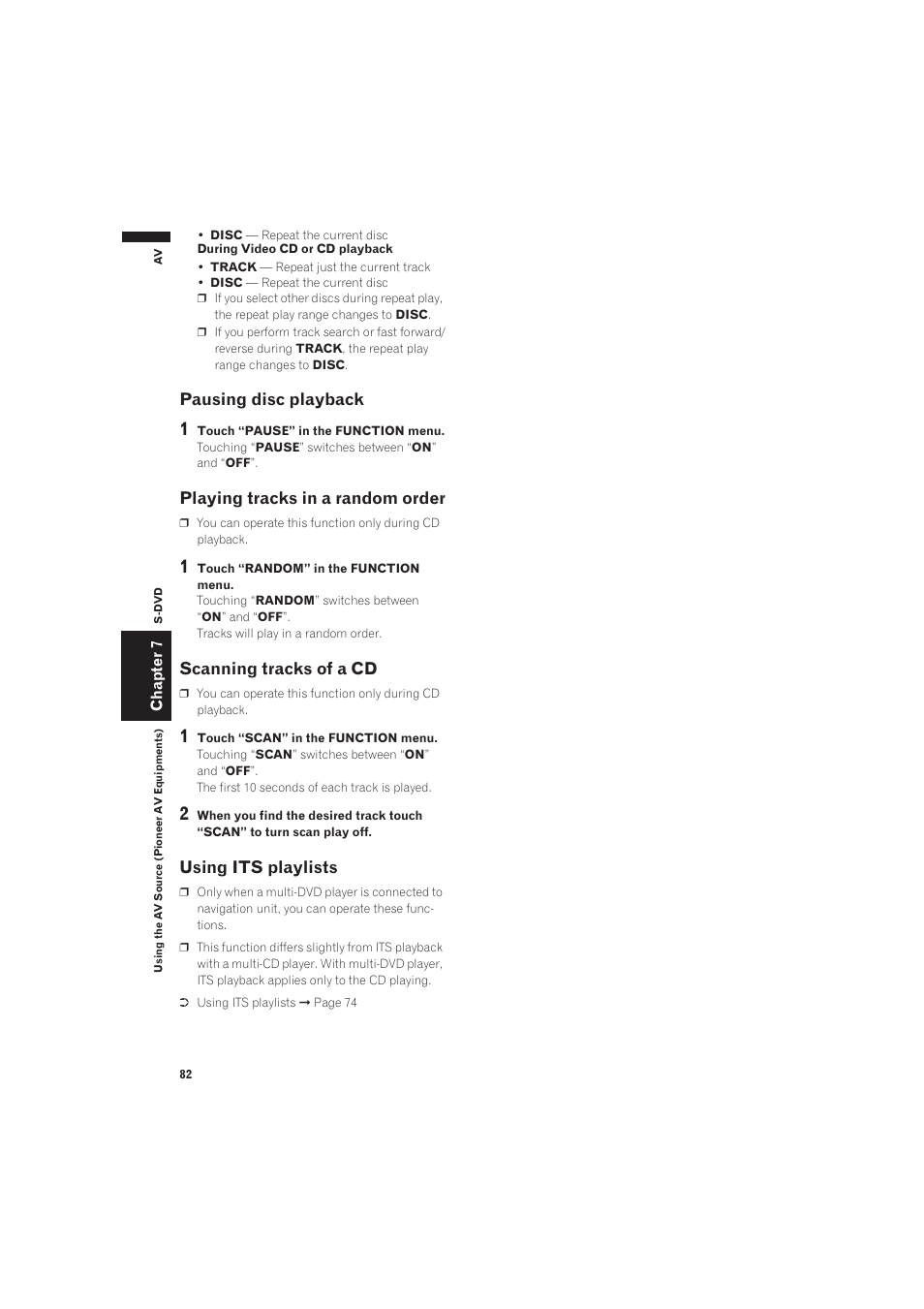 Pausing disc playback, Playing tracks in a random order, Scanning tracks of a cd | Using its playlists 82 | Pioneer AVIC-X1 User Manual | Page 84 / 125