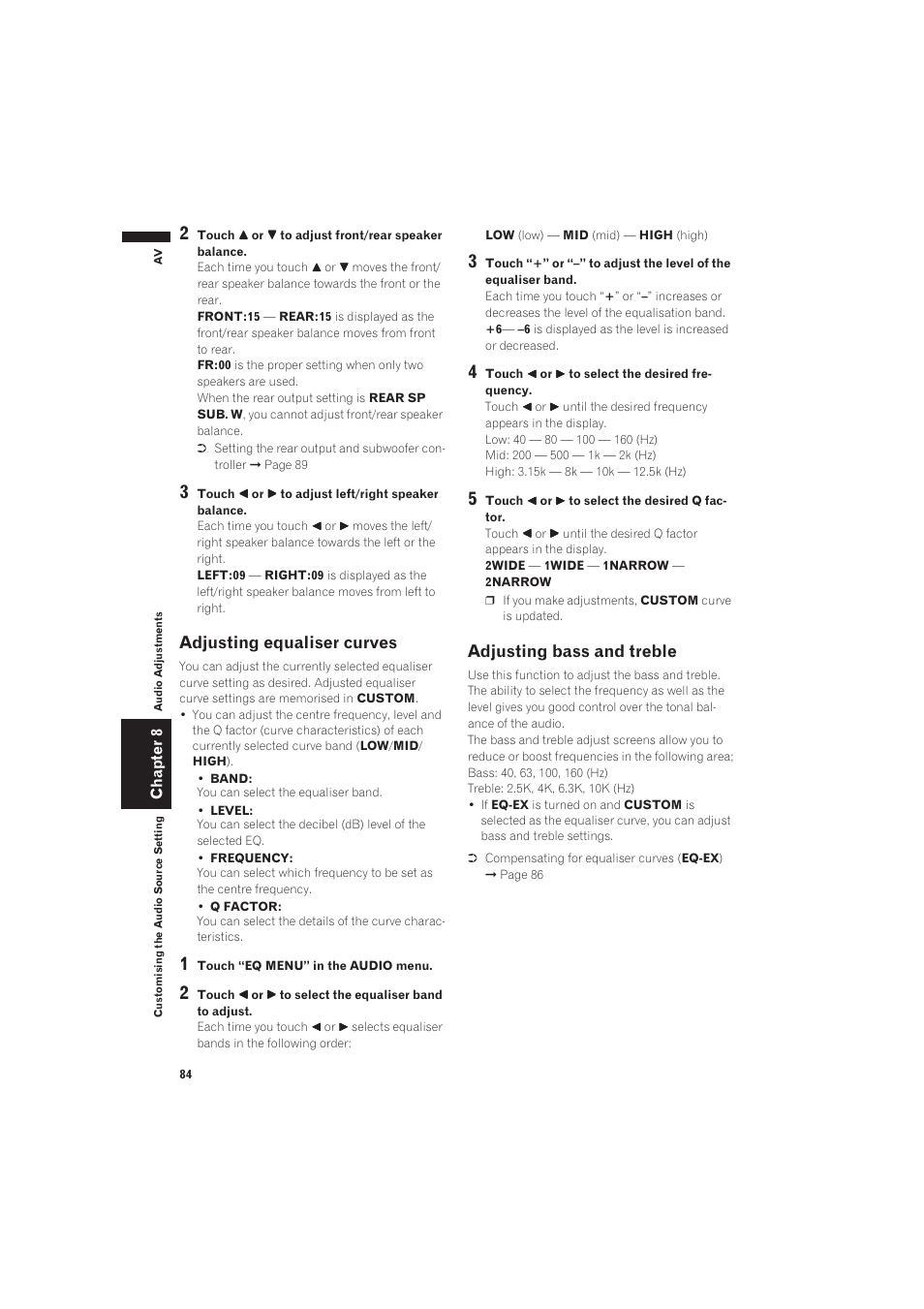 Adjusting equaliser curves, Adjusting bass and treble 84 | Pioneer AVIC-X1 User Manual | Page 86 / 125