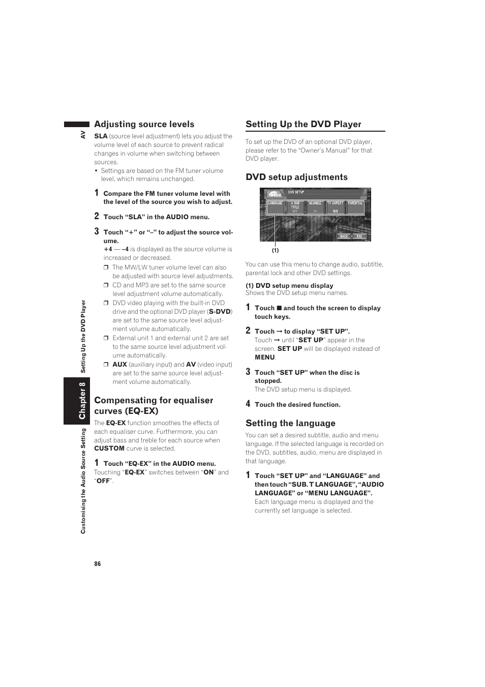 Adjusting source levels, Compensating for equaliser curves (eq, Setting up the dvd player | Dvd setup adjustments, Setting the language | Pioneer AVIC-X1 User Manual | Page 88 / 125