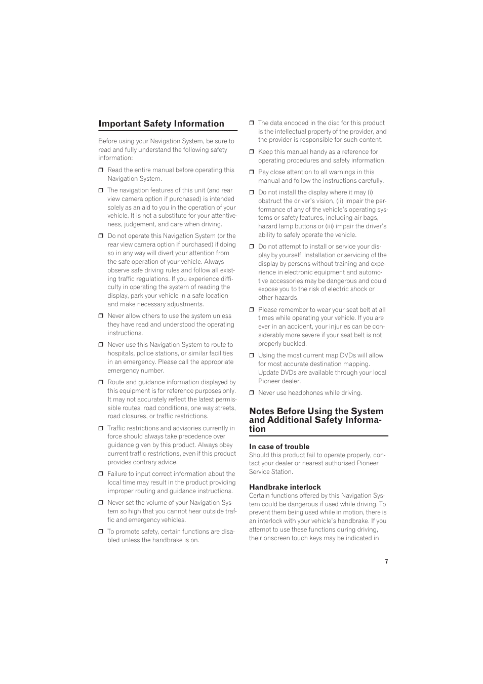 Important safety information, Notes before using the system and additional, Safety information | Pioneer AVIC-X1 User Manual | Page 9 / 125
