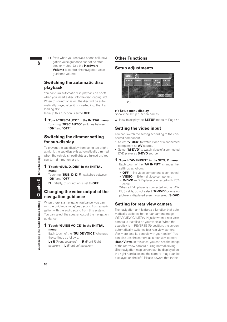 Other functions, Setup adjustments 90 setting the video input, Setting for rear view camera | Pioneer AVIC-X1 User Manual | Page 92 / 125
