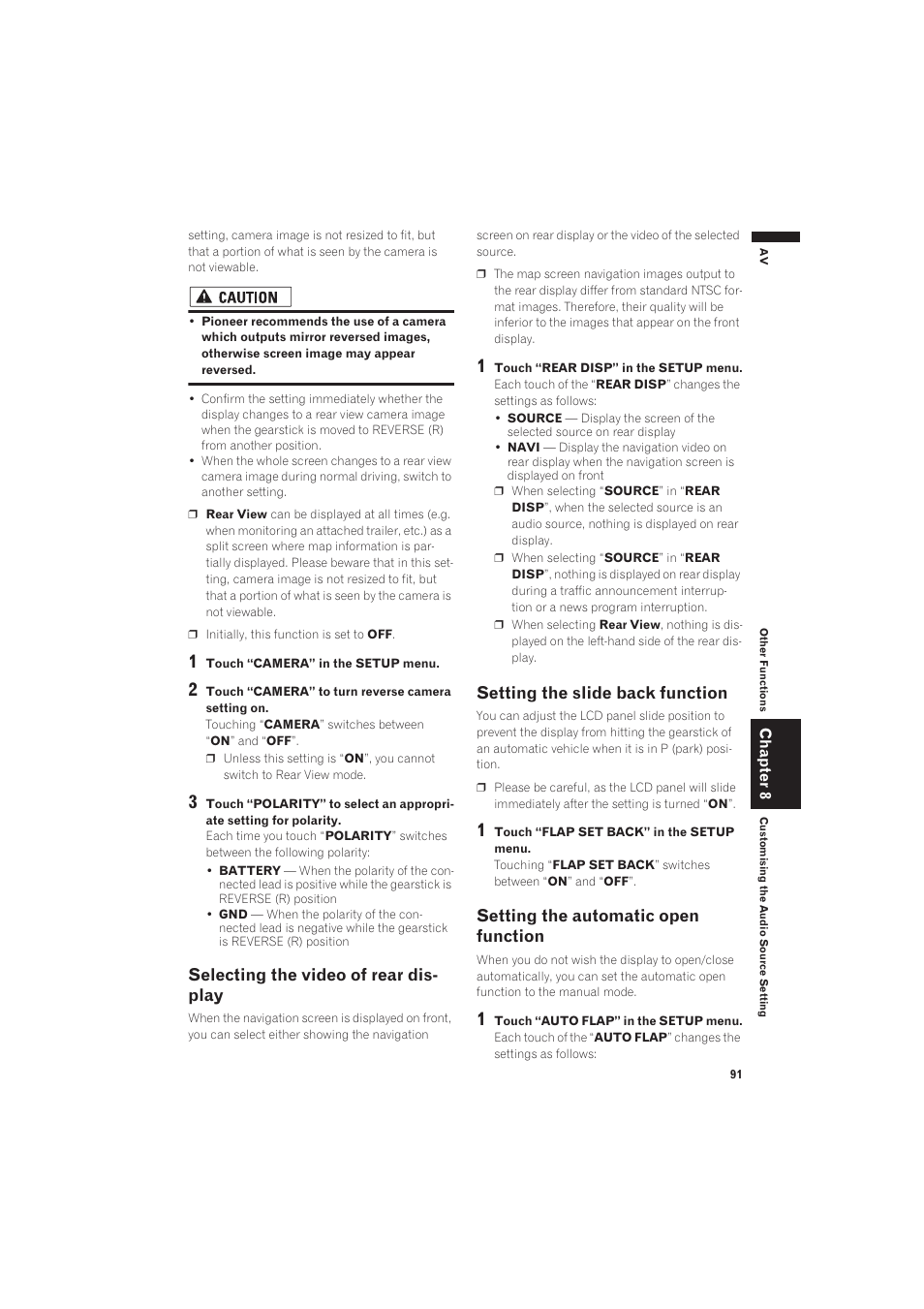 Selecting the video of rear display, Setting the slide back function, Setting the automatic open function 91 | Selecting the video of rear dis- play, Setting the automatic open function | Pioneer AVIC-X1 User Manual | Page 93 / 125