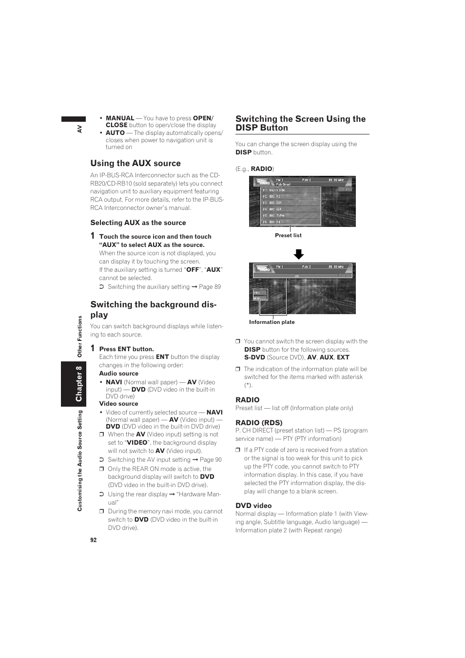 Using the aux source, Switching the background display, Switching the screen using the disp button | Switching the background dis- play | Pioneer AVIC-X1 User Manual | Page 94 / 125