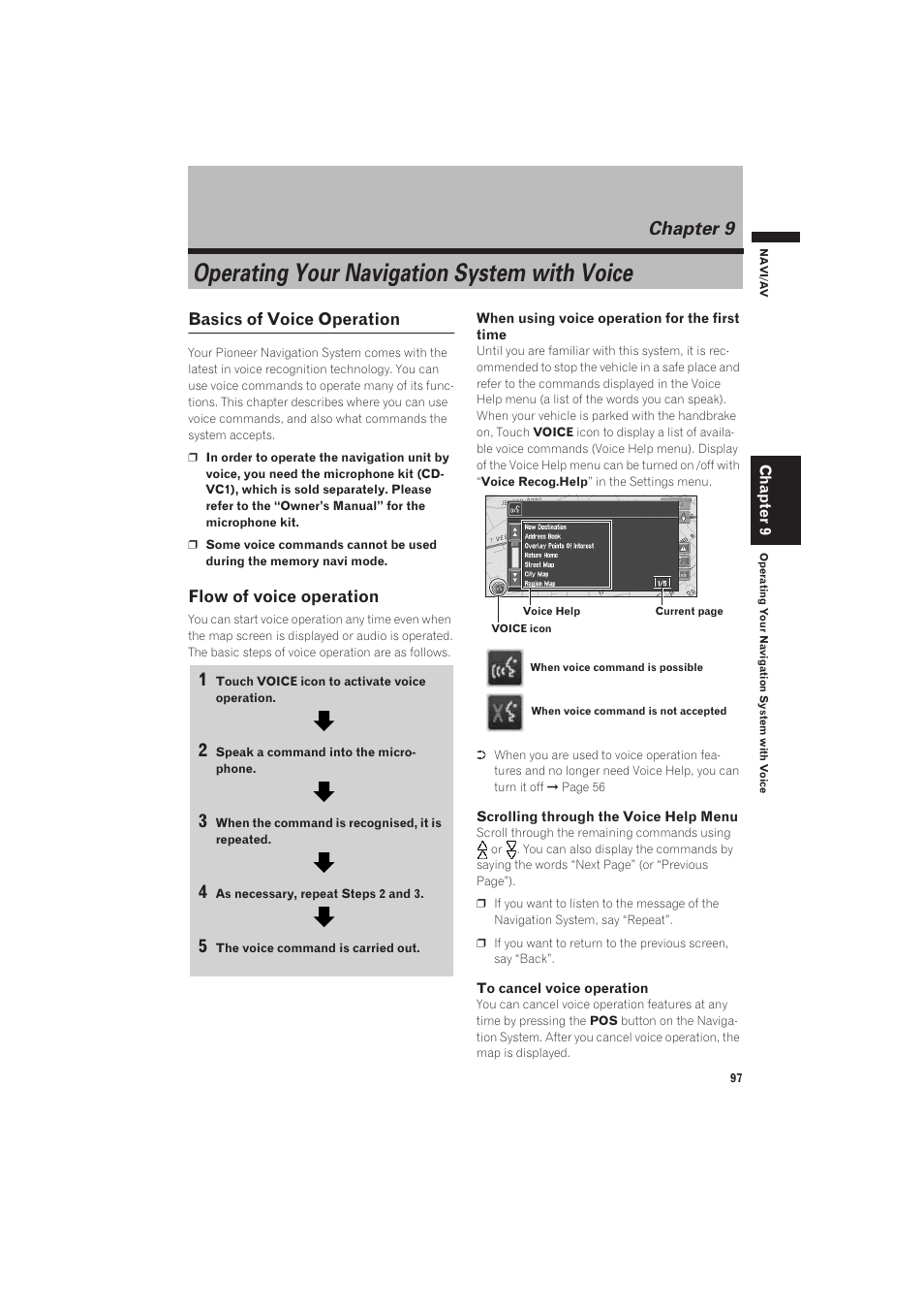 Chapter 9, Operating your navigation system with voice, Basics of voice operation 97 | Flow of voice operation 97, Basics of voice operation, Flow of voice operation | Pioneer AVIC-X1 User Manual | Page 99 / 125