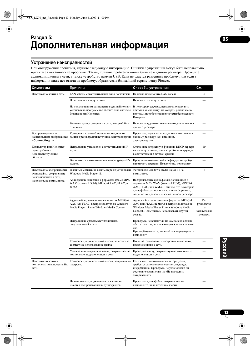 Дополнительная информация, Раздел 5, Устранение неисправностей | Pioneer VSX-LX70 User Manual | Page 109 / 114