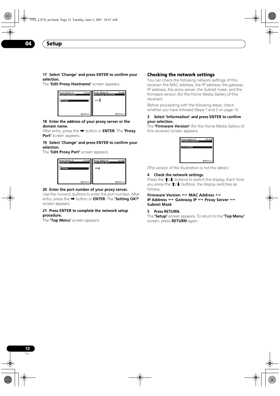 Setup 04, Checking the network settings | Pioneer VSX-LX70 User Manual | Page 12 / 114