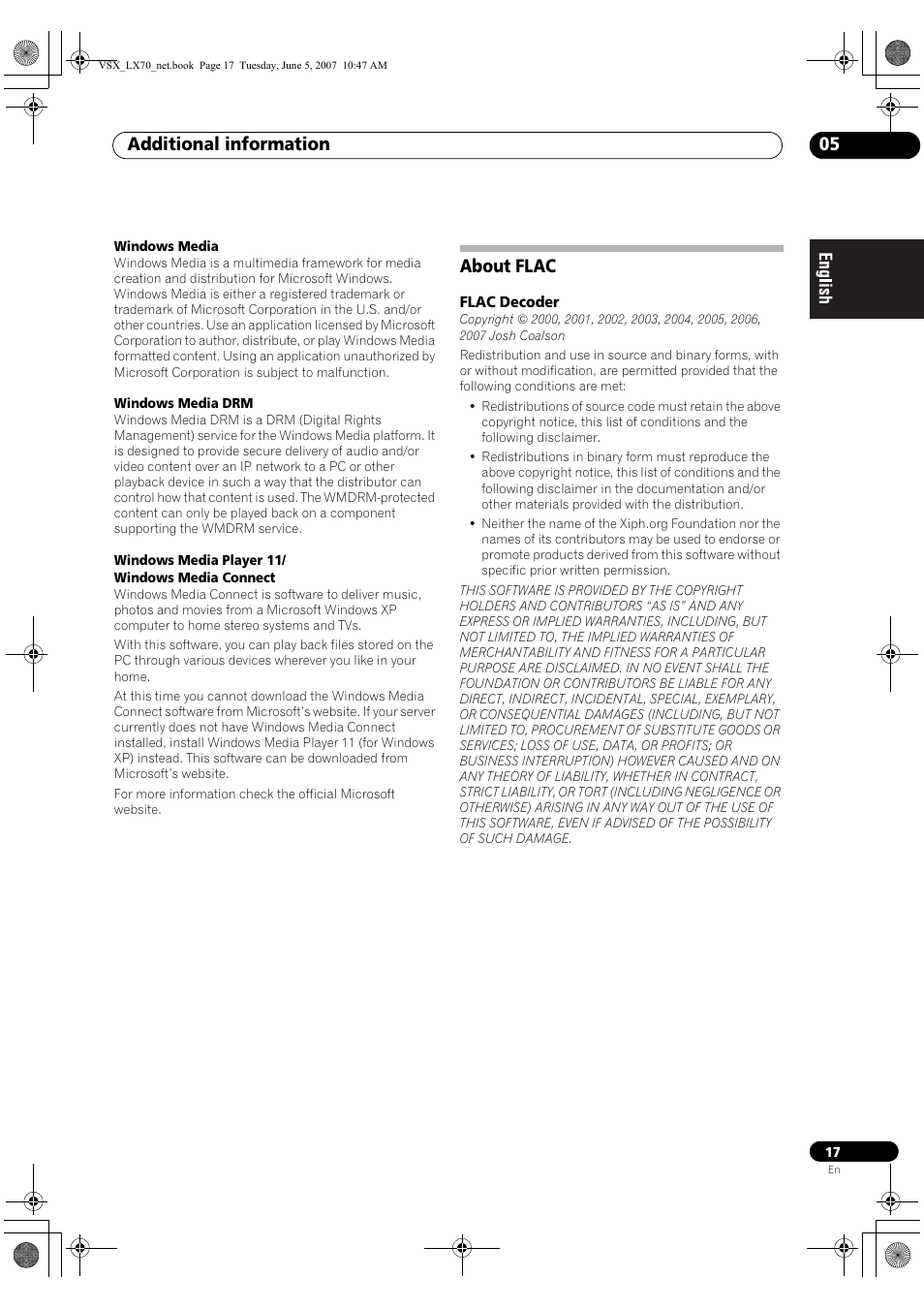 Additional information 05, About flac | Pioneer VSX-LX70 User Manual | Page 17 / 114