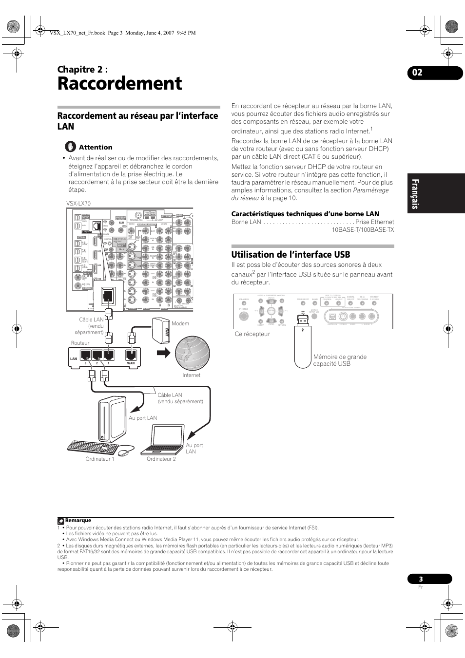 Raccordement, Chapitre 2, Raccordement au réseau par l’interface lan | Utilisation de l’interface usb, Caractéristiques techniques d’une borne lan, Vsx-lx70, Mémoire de grande capacité usb ce récepteur | Pioneer VSX-LX70 User Manual | Page 19 / 114
