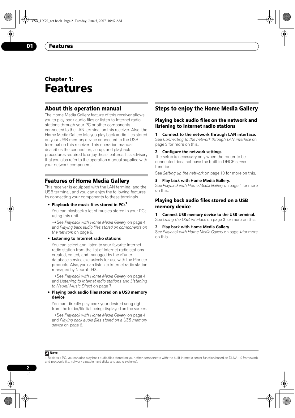 Operating instructions –home media gallery, Audio/video multi-channel receiver, Features | Features 01, Chapter 1, About this operation manual, Features of home media gallery, Steps to enjoy the home media gallery | Pioneer VSX-LX70 User Manual | Page 2 / 114