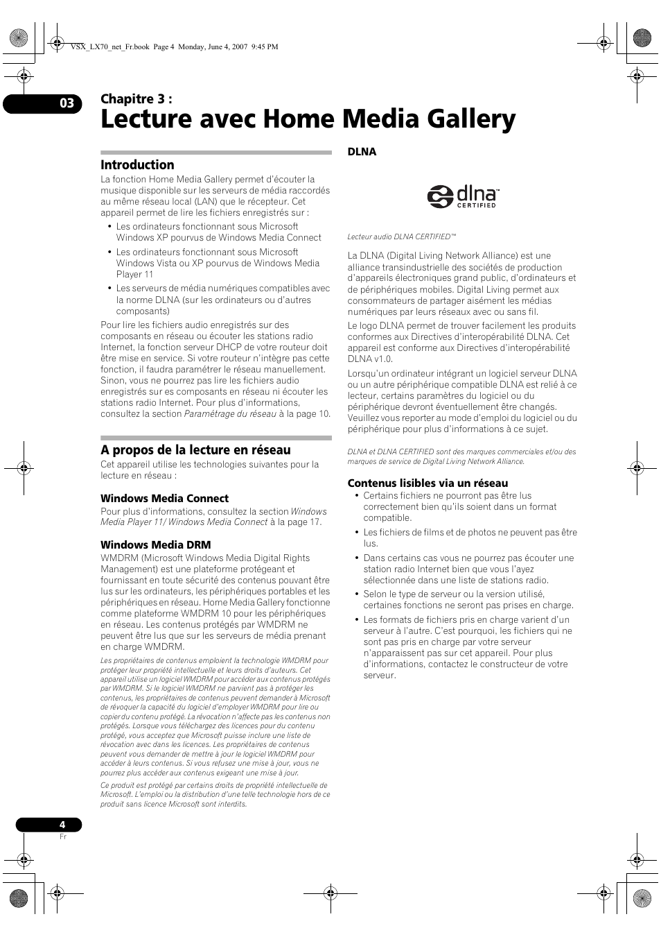 Lecture avec home media gallery, Chapitre 3, Introduction | A propos de la lecture en réseau | Pioneer VSX-LX70 User Manual | Page 20 / 114