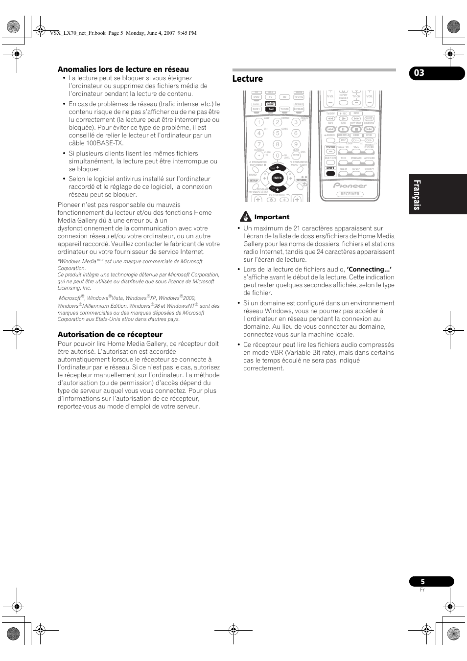 Lecture, Anomalies lors de lecture en réseau, Autorisation de ce récepteur | Windows, Vista, windows, Xp, windows, 2000, windows, Millennium edition, windows, 98 et windowsnt | Pioneer VSX-LX70 User Manual | Page 21 / 114