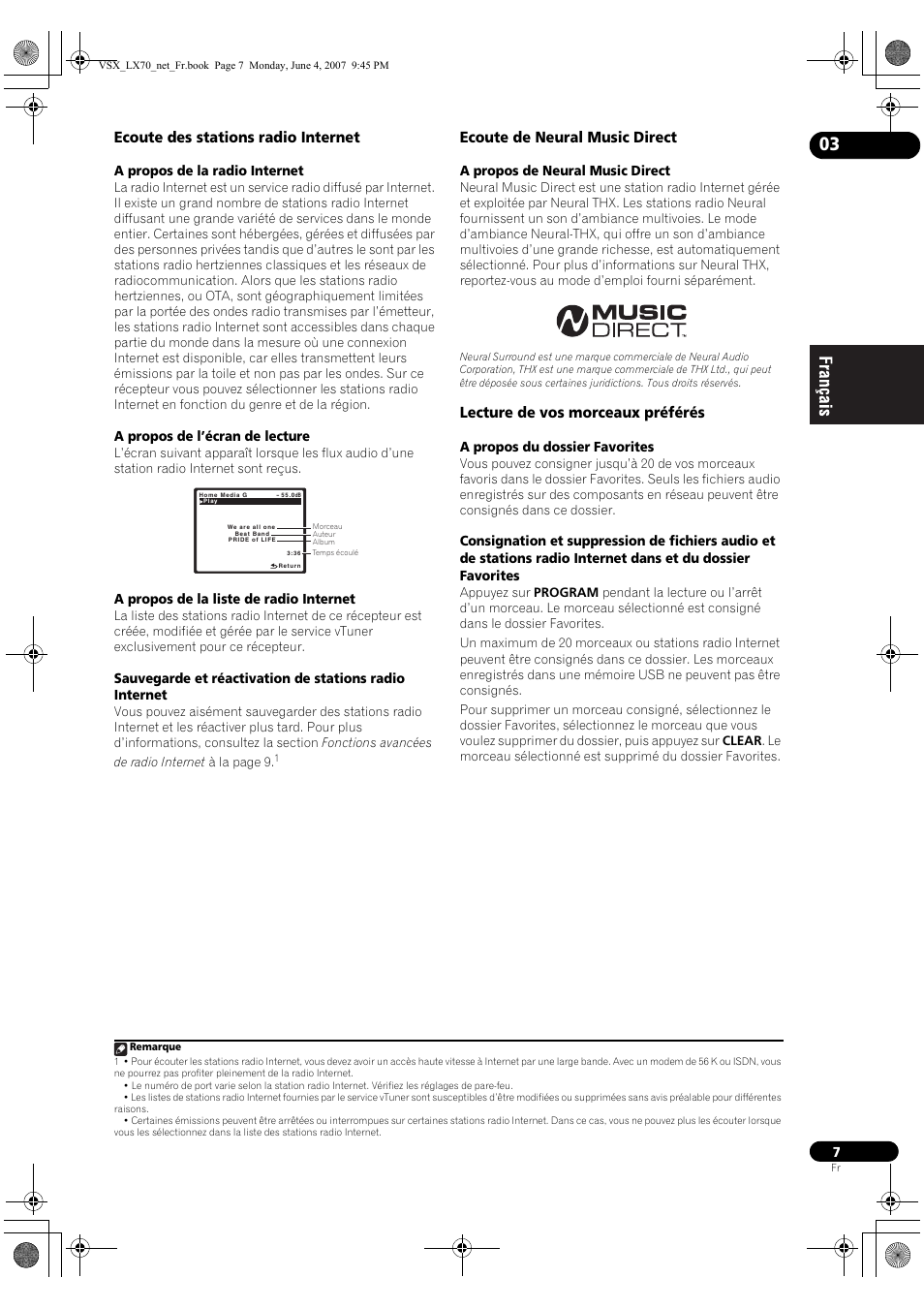 Ecoute des stations radio internet, Ecoute de neural music direct, Lecture de vos morceaux préférés | Pioneer VSX-LX70 User Manual | Page 23 / 114