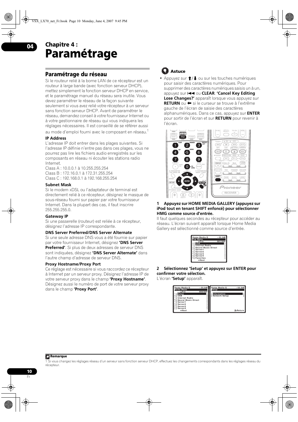 Paramétrage, Chapitre 4, Paramétrage du réseau | Remarque | Pioneer VSX-LX70 User Manual | Page 26 / 114