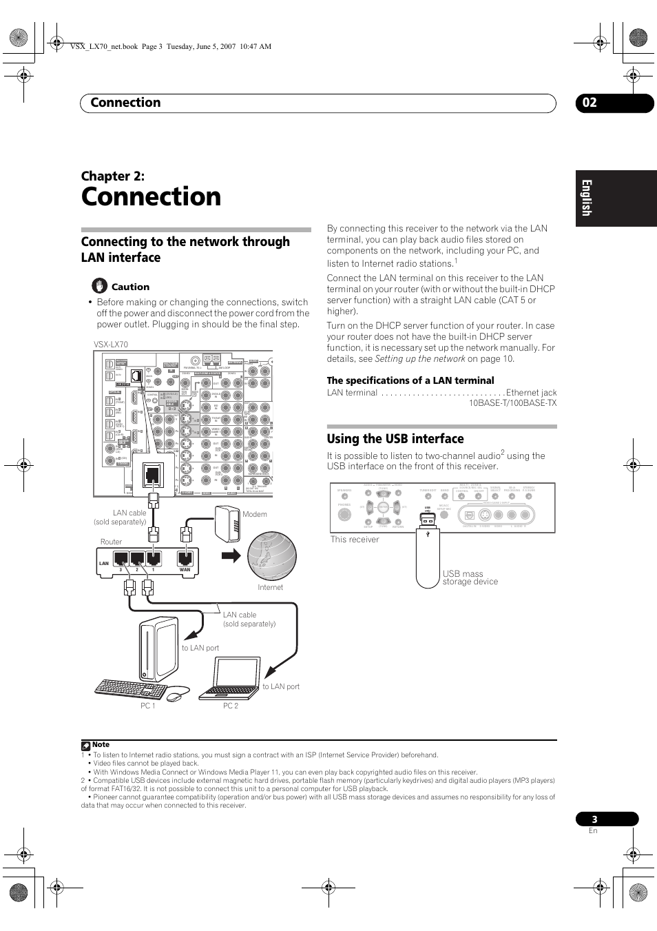 Connection, Connection 02, Chapter 2 | Connecting to the network through lan interface, Using the usb interface, The specifications of a lan terminal, It is possible to listen to two-channel audio, Vsx-lx70, Usb mass storage device this receiver, Lan cable (sold separately) | Pioneer VSX-LX70 User Manual | Page 3 / 114