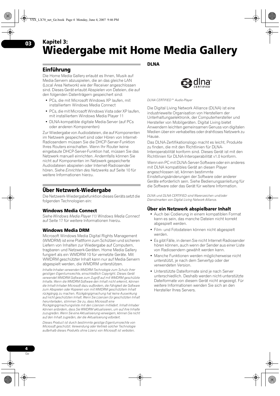 Wiedergabe mit home media gallery, Kapitel 3, Einführung | Über netzwerk-wiedergabe | Pioneer VSX-LX70 User Manual | Page 36 / 114