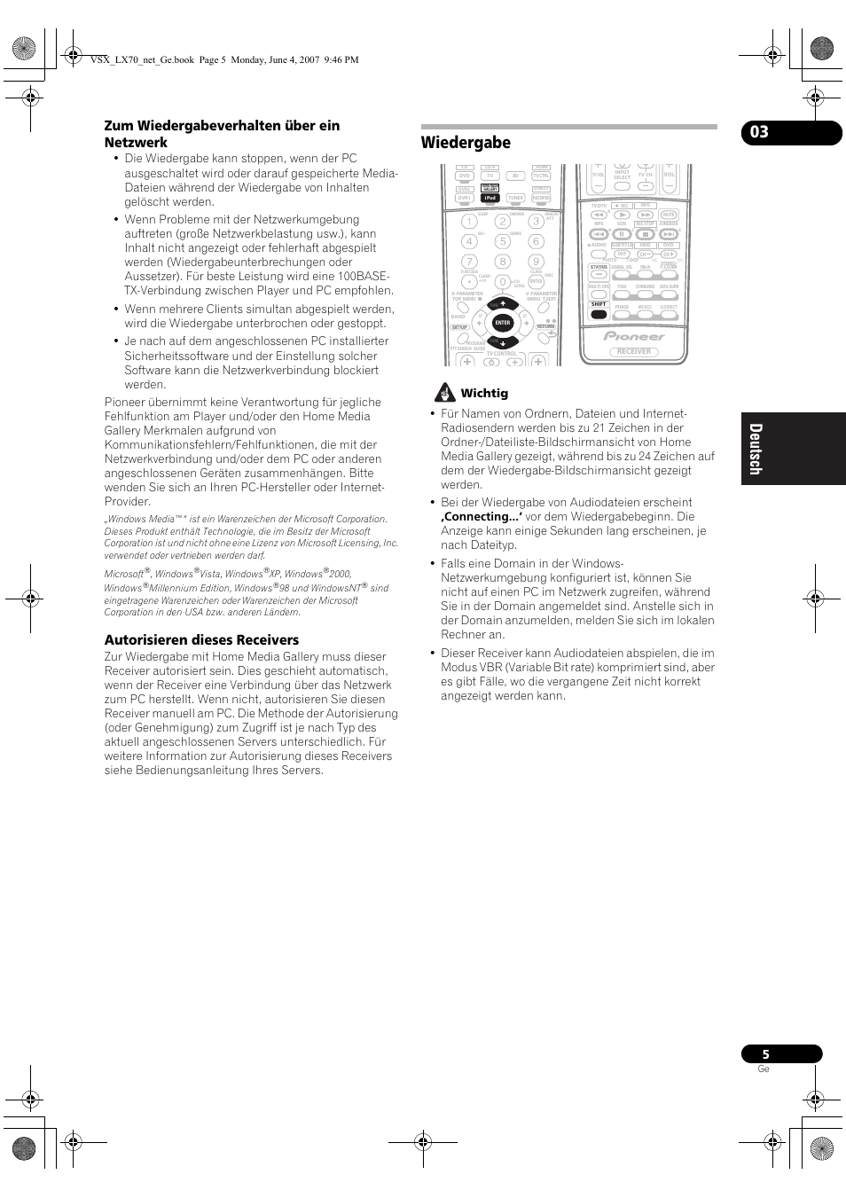 Wiedergabe, Zum wiedergabeverhalten über ein netzwerk, Autorisieren dieses receivers | Windows, Vista, windows, Xp, windows, 2000, windows, Millennium edition, windows, 98 und windowsnt | Pioneer VSX-LX70 User Manual | Page 37 / 114