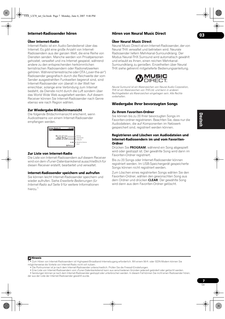 Internet-radiosender hören, Hören von neural music direct, Wiedergabe ihrer bevorzugten songs | Pioneer VSX-LX70 User Manual | Page 39 / 114