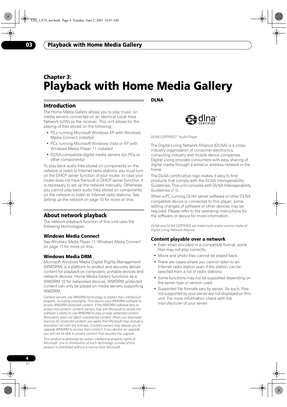 Playback with home media gallery, Playback with home media gallery 03, Chapter 3 | Introduction, About network playback | Pioneer VSX-LX70 User Manual | Page 4 / 114