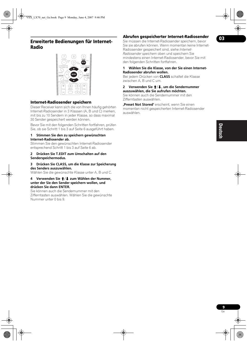 Erweiterte bedienungen für internet- radio, Internet-radiosender speichern, Abrufen gespeicherter internet-radiosender | Pioneer VSX-LX70 User Manual | Page 41 / 114