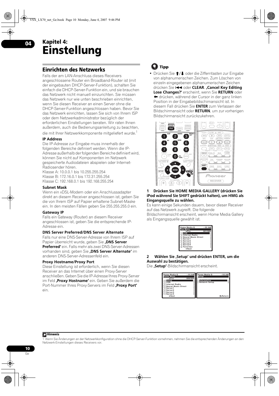 Einstellung, Kapitel 4, Einrichten des netzwerks | Hinweis | Pioneer VSX-LX70 User Manual | Page 42 / 114
