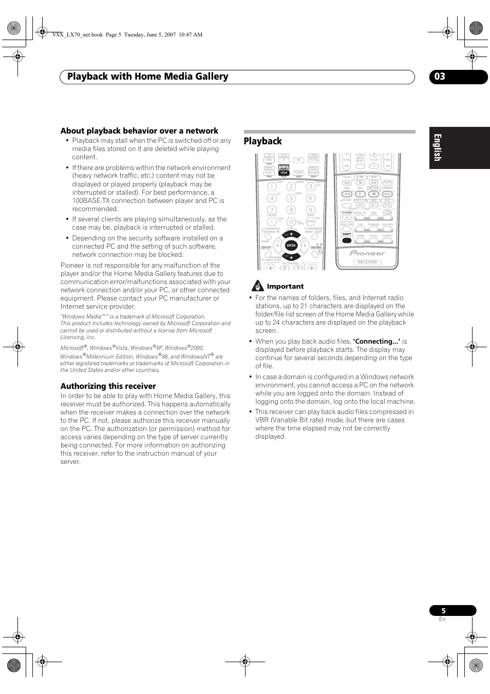 Playback with home media gallery 03, Playback, About playback behavior over a network | Authorizing this receiver, Windows, Vista, windows, Xp, windows, 2000, windows, Millennium edition, windows, 98, and windowsnt | Pioneer VSX-LX70 User Manual | Page 5 / 114