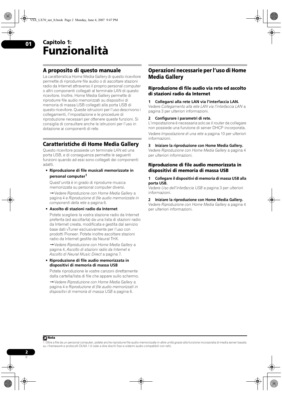 Istruzioni di utilizzo –home media gallery, Sintoamplificatore audio/video multicanale, Funzionalità | Capitolo 1, A proposito di questo manuale, Caratteristiche di home media gallery | Pioneer VSX-LX70 User Manual | Page 50 / 114