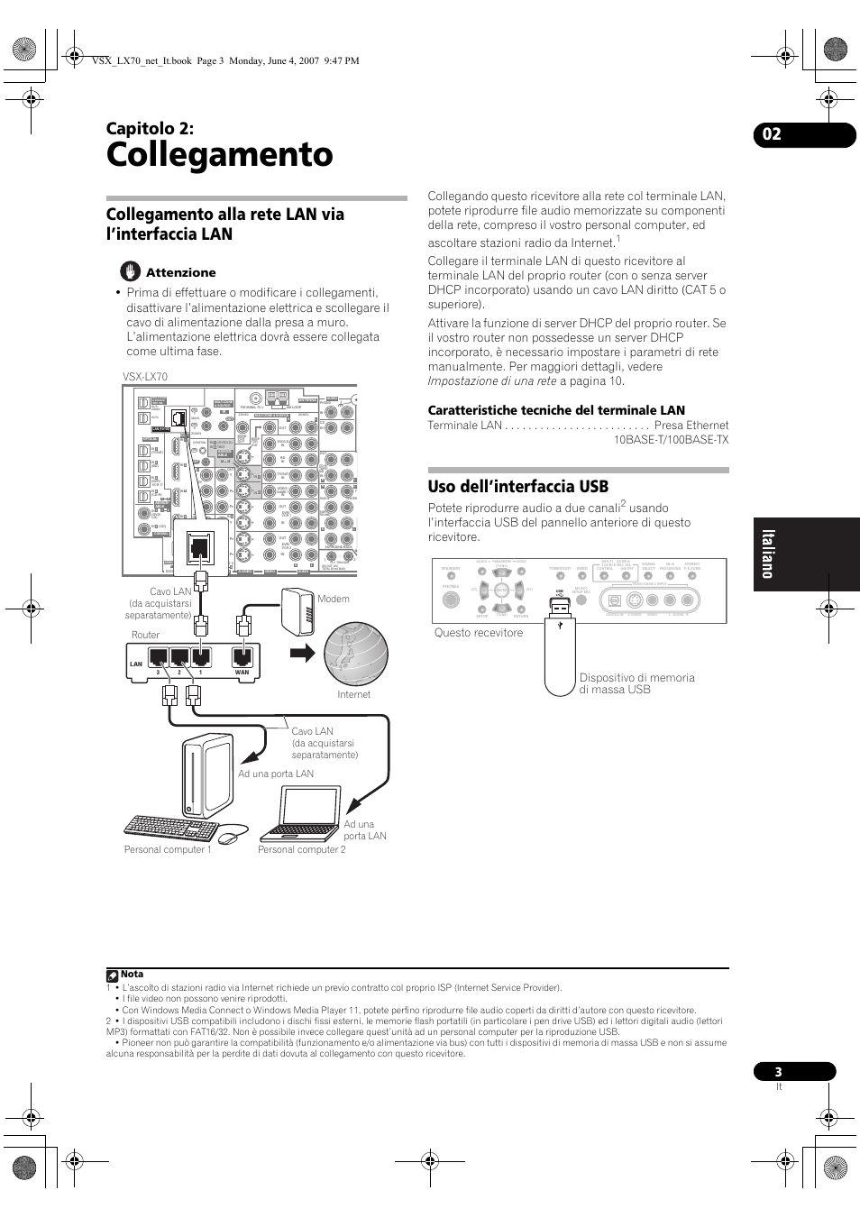 Collegamento, Capitolo 2, Collegamento alla rete lan via l’interfaccia lan | Uso dell’interfaccia usb, Caratteristiche tecniche del terminale lan, Potete riprodurre audio a due canali, Vsx-lx70 | Pioneer VSX-LX70 User Manual | Page 51 / 114