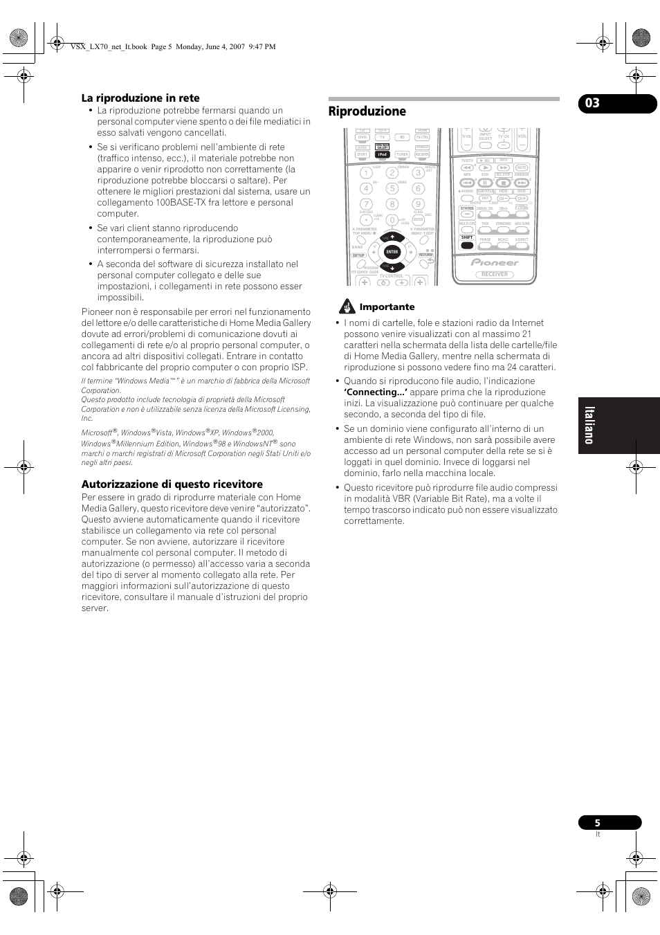 Riproduzione, La riproduzione in rete, Autorizzazione di questo ricevitore | Windows, Vista, windows, Xp, windows, 2000, windows, Millennium edition, windows, 98 e windowsnt | Pioneer VSX-LX70 User Manual | Page 53 / 114