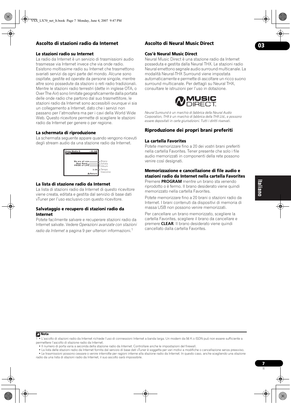 Ascolto di stazioni radio da internet, Ascolto di neural music direct, Riproduzione dei propri brani preferiti | Pioneer VSX-LX70 User Manual | Page 55 / 114