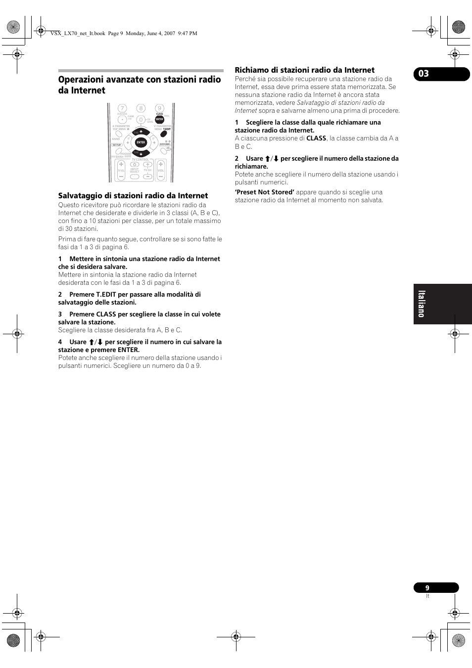 Operazioni avanzate con stazioni radio da internet, Salvataggio di stazioni radio da internet, Richiamo di stazioni radio da internet | Pioneer VSX-LX70 User Manual | Page 57 / 114