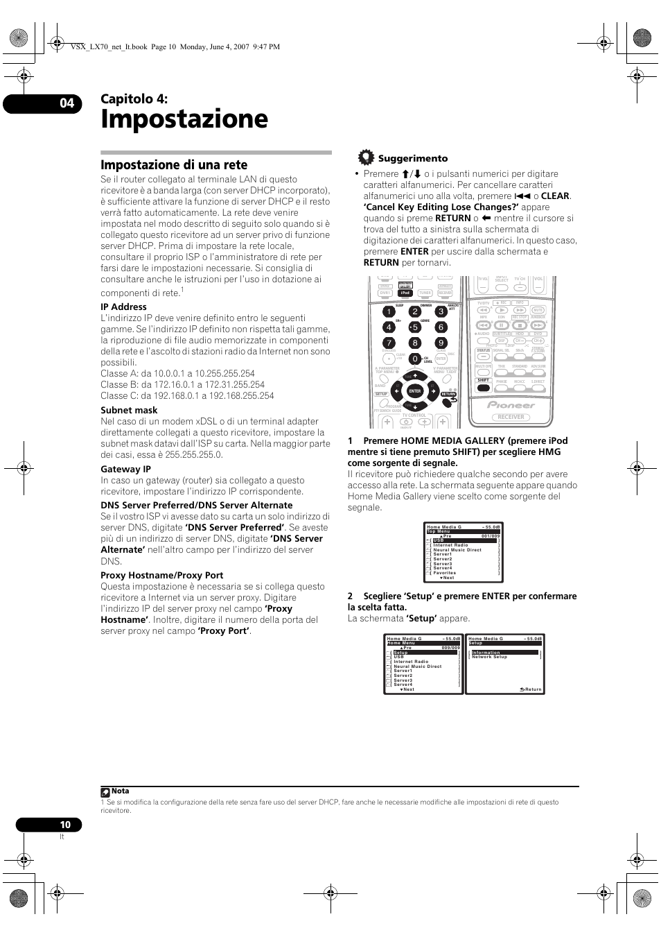 Impostazione, Capitolo 4, Impostazione di una rete | Nota | Pioneer VSX-LX70 User Manual | Page 58 / 114