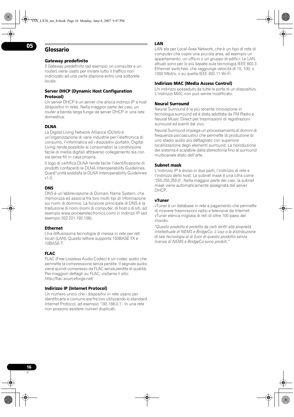 Glossario | Pioneer VSX-LX70 User Manual | Page 64 / 114