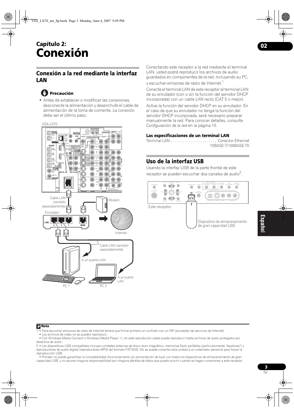 Conexión, Capítulo 2, Conexión a la red mediante la interfaz lan | Uso de la interfaz usb, Las especificaciones de un terminal lan, Vsx-lx70 | Pioneer VSX-LX70 User Manual | Page 67 / 114