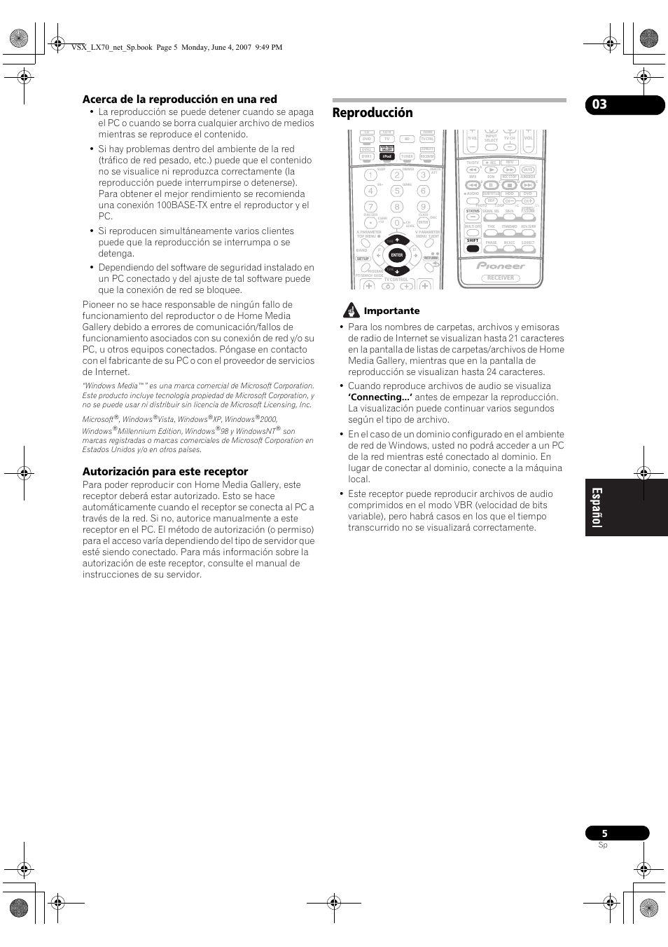 Reproducción, Acerca de la reproducción en una red, Autorización para este receptor | Windows, Vista, windows, Xp, windows, 2000, windows, Millennium edition, windows, 98 y windowsnt | Pioneer VSX-LX70 User Manual | Page 69 / 114