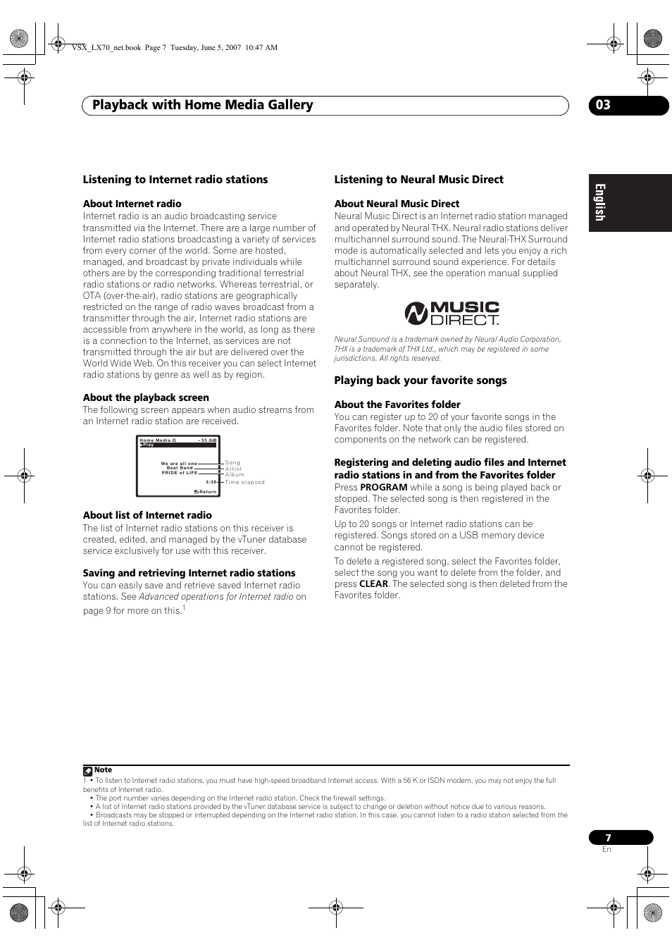 Playback with home media gallery 03, Listening to internet radio stations, Listening to neural music direct | Playing back your favorite songs | Pioneer VSX-LX70 User Manual | Page 7 / 114