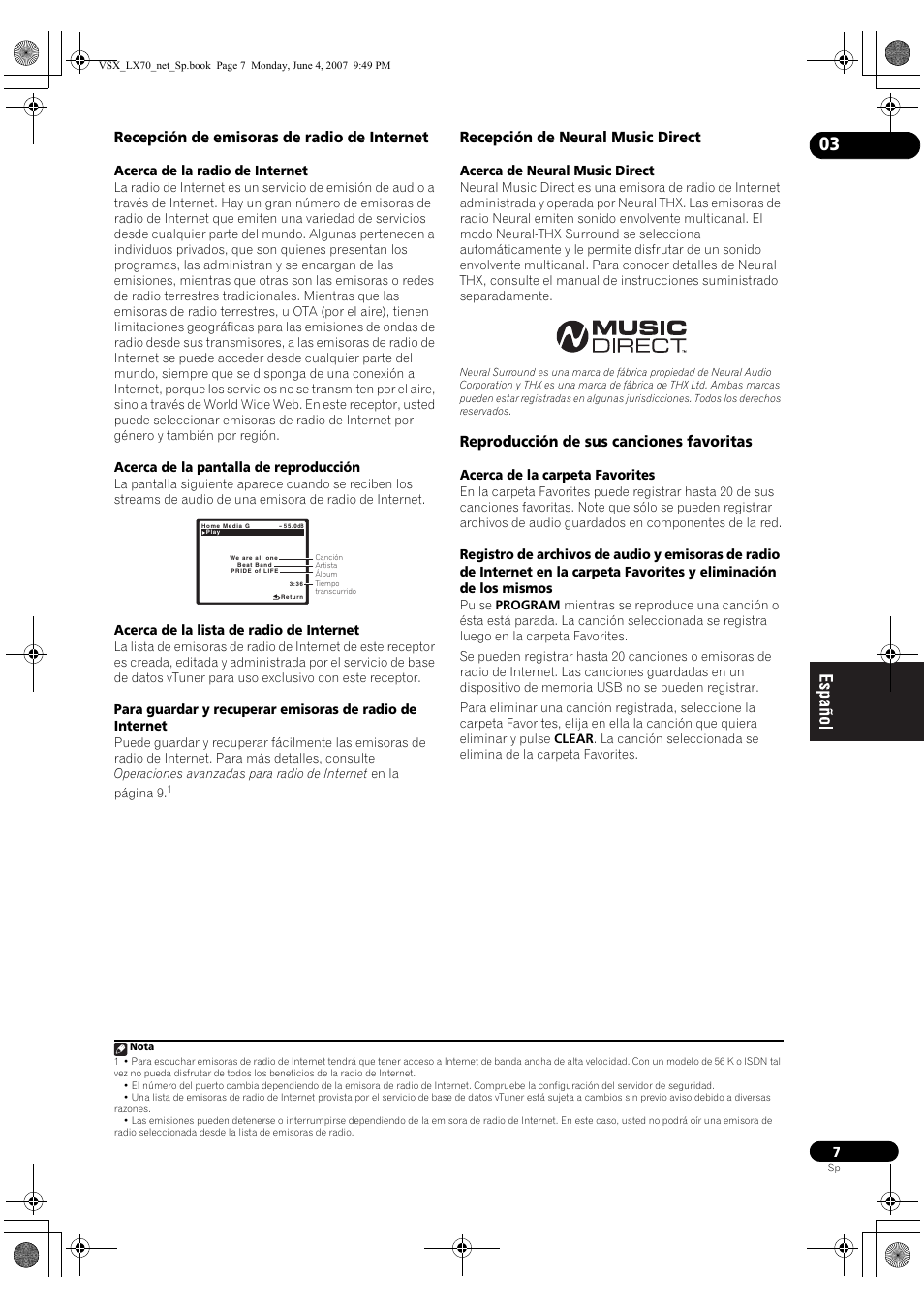 Recepción de emisoras de radio de internet, Recepción de neural music direct, Reproducción de sus canciones favoritas | Pioneer VSX-LX70 User Manual | Page 71 / 114