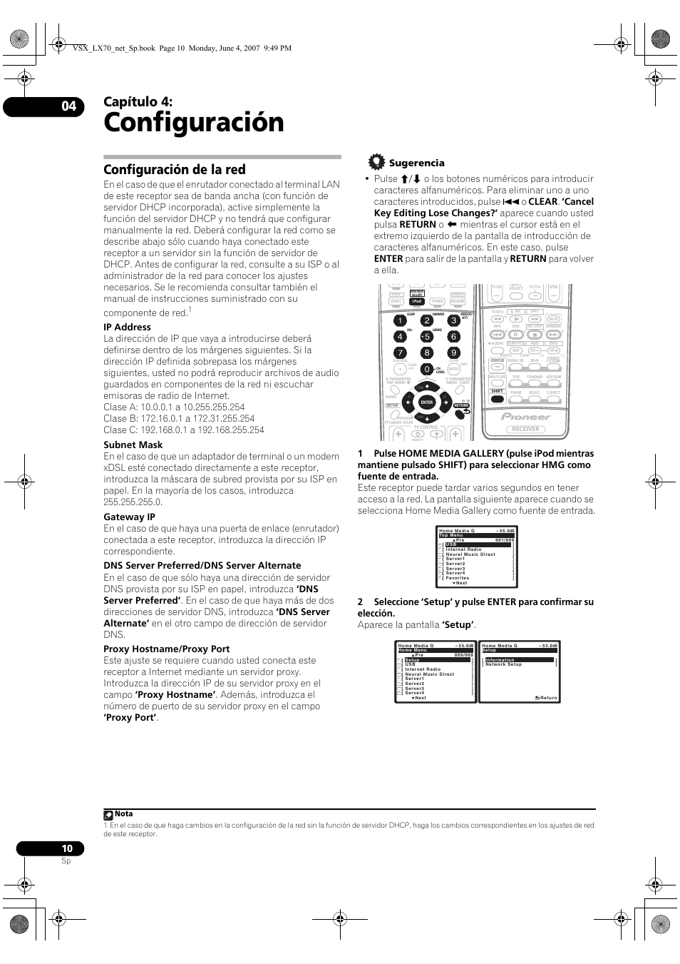Configuración, Capítulo 4, Configuración de la red | Nota | Pioneer VSX-LX70 User Manual | Page 74 / 114