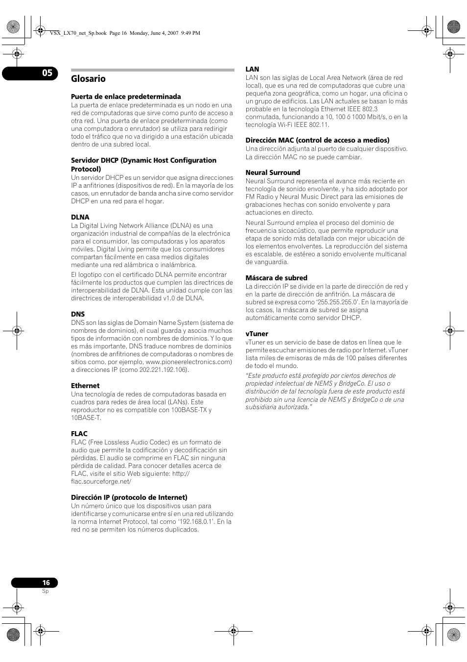 Glosario | Pioneer VSX-LX70 User Manual | Page 80 / 114