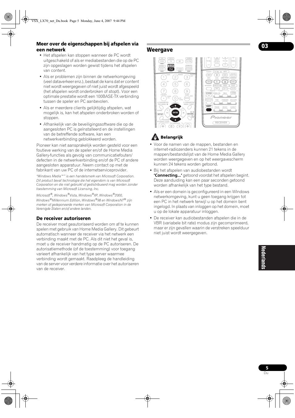 Weergave, De receiver autoriseren, Windows | Vista, windows, Xp, windows, 2000, windows, Millennium edition, windows, 98 en windowsnt | Pioneer VSX-LX70 User Manual | Page 85 / 114