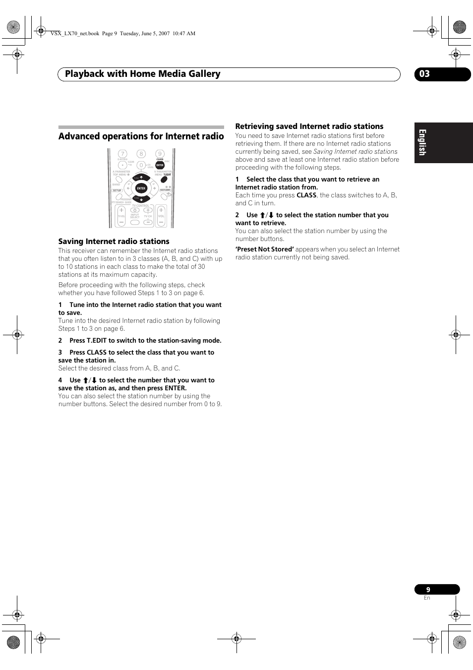 Playback with home media gallery 03, Advanced operations for internet radio, Saving internet radio stations | Retrieving saved internet radio stations | Pioneer VSX-LX70 User Manual | Page 9 / 114