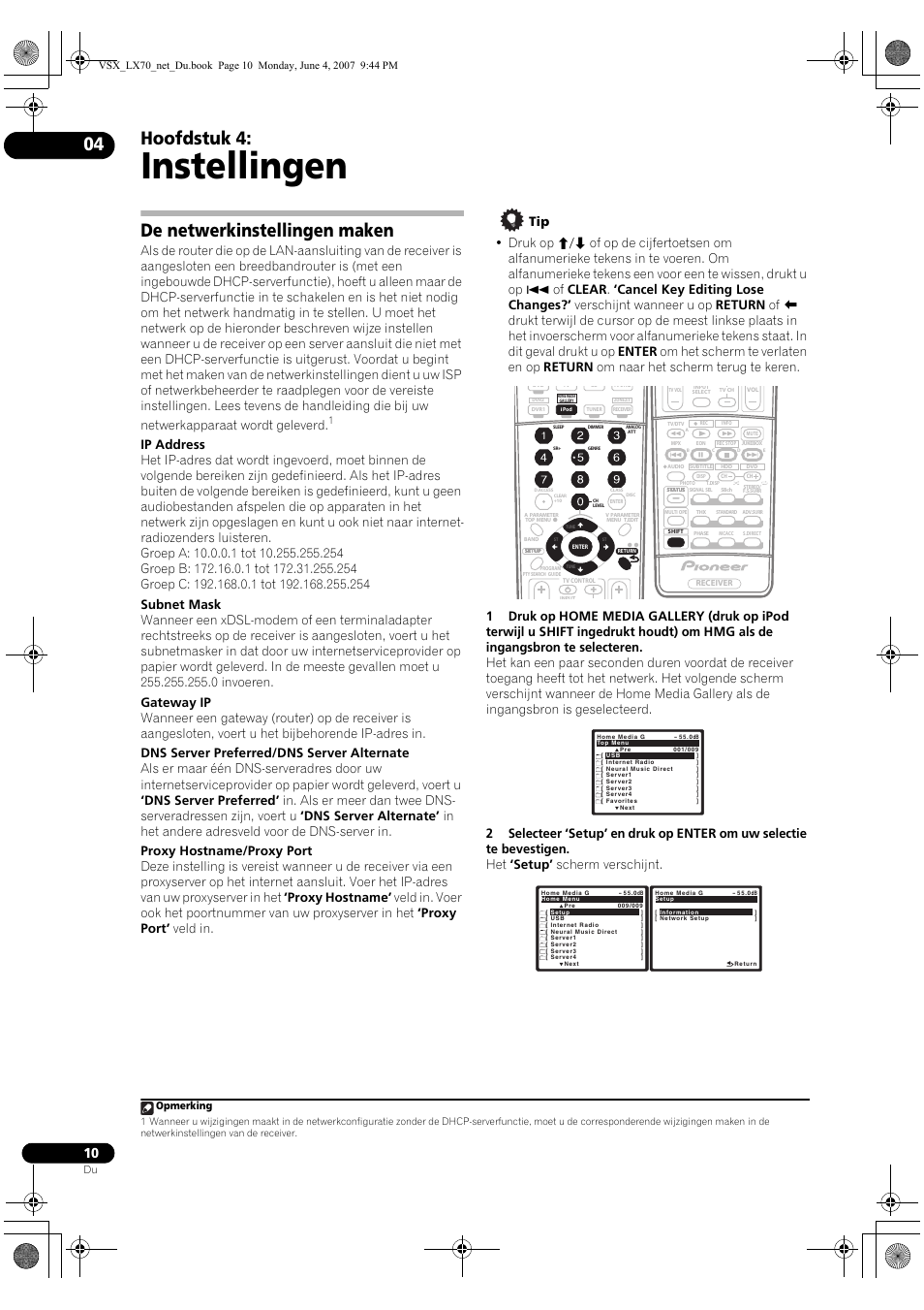 Instellingen, Hoofdstuk 4, De netwerkinstellingen maken | Opmerking | Pioneer VSX-LX70 User Manual | Page 90 / 114