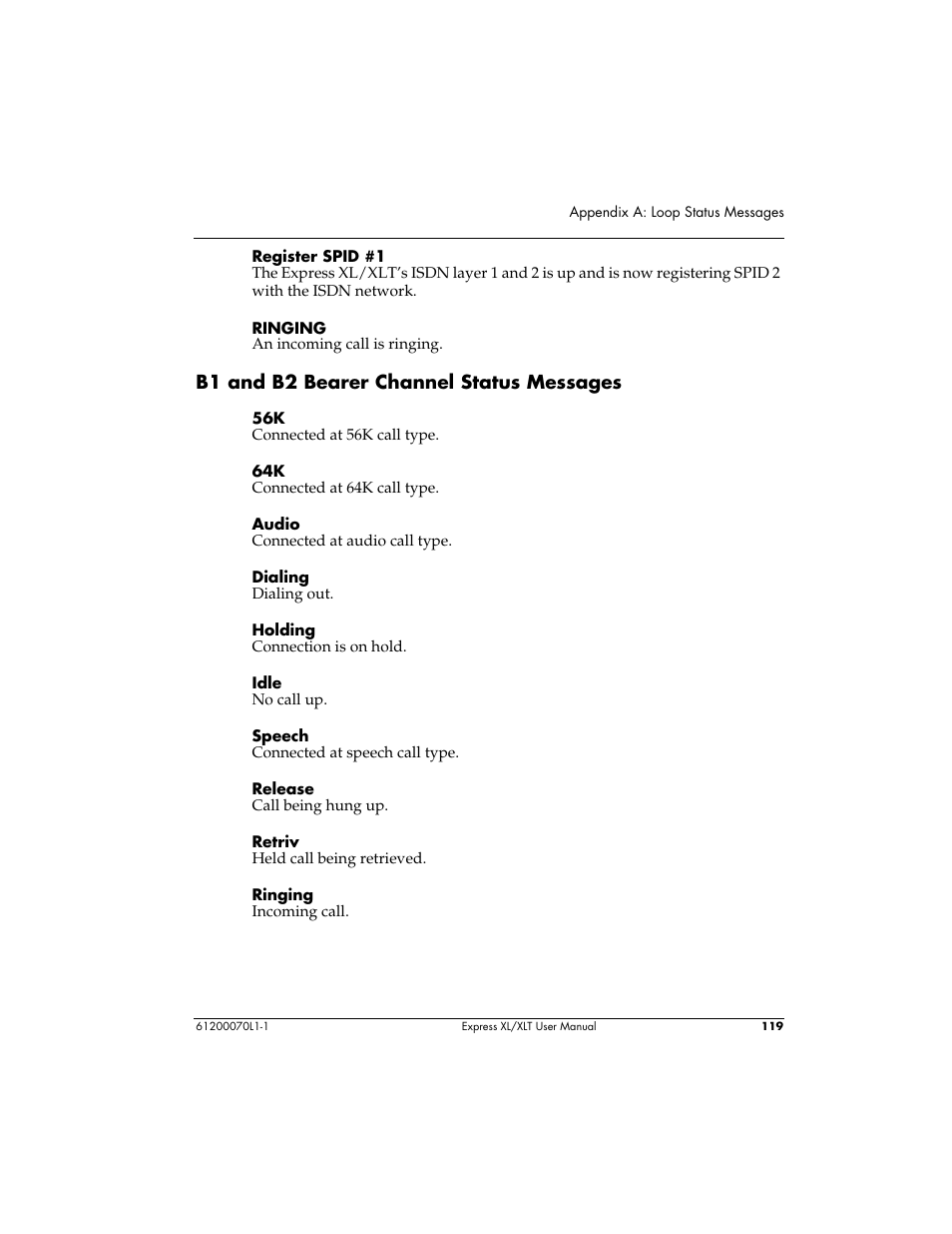 B1 and b2 bearer channel status messages | ADTRAN Express XLT User Manual | Page 135 / 187