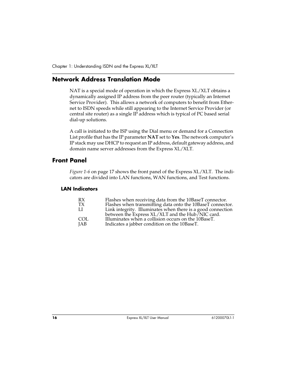 Network address translation mode, Front panel | ADTRAN Express XLT User Manual | Page 32 / 187