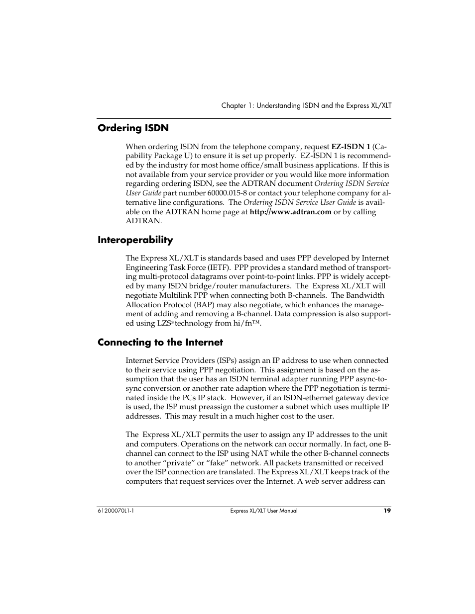 Ordering isdn, Interoperability, Connecting to the internet | ADTRAN Express XLT User Manual | Page 35 / 187