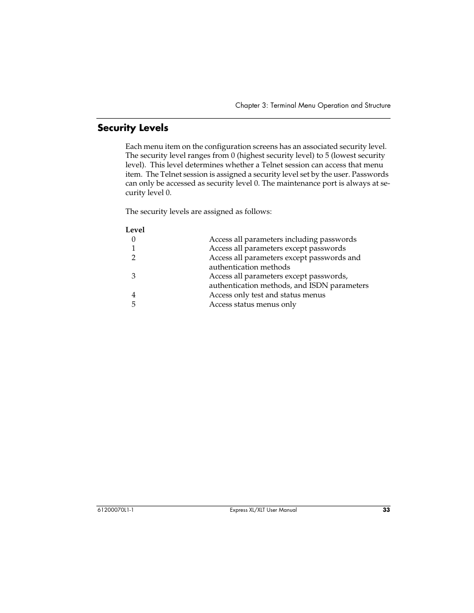 Security levels | ADTRAN Express XLT User Manual | Page 49 / 187