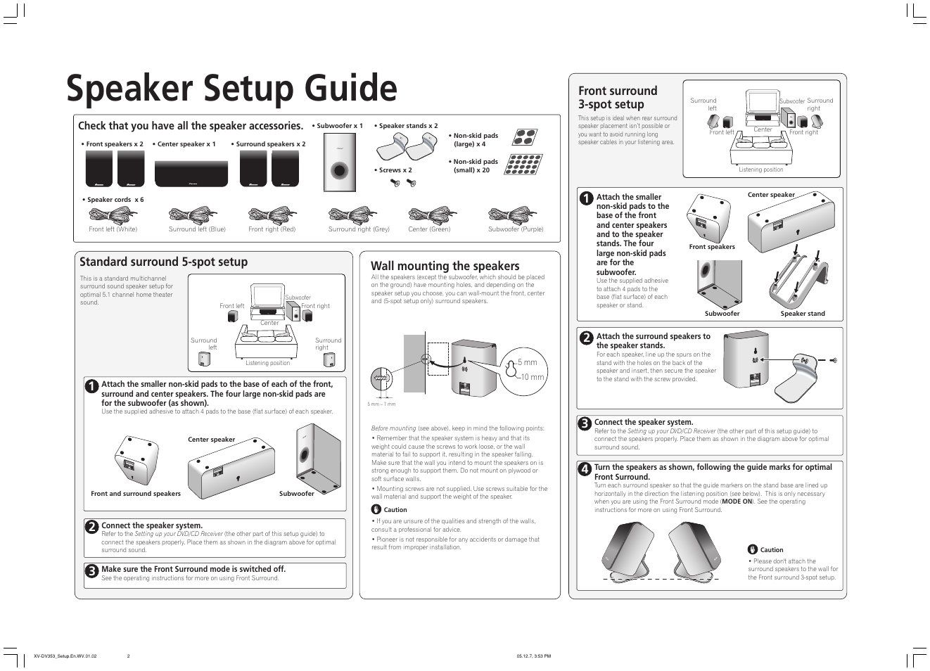 Speaker setup guide, Front surround 3-spot setup, Standard surround 5-spot setup | Wall mounting the speakers, Check that you have all the speaker accessories | Pioneer DCS-353 User Manual | Page 2 / 2