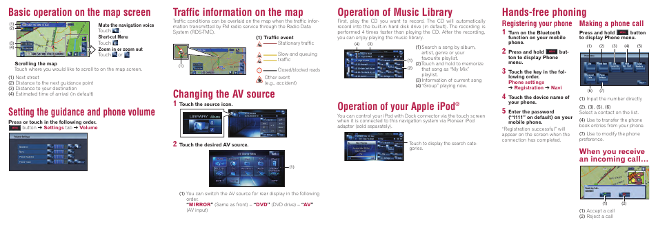 Operation of music library, Operation of your apple ipod, Traffic information on the map | Changing the av source, Basic operation on the map screen, Setting the guidance and phone volume, Hands-free phoning, Registering your phone 1, Making a phone call, When you receive an incoming call | Pioneer AVIC-HD1BT User Manual | Page 2 / 2