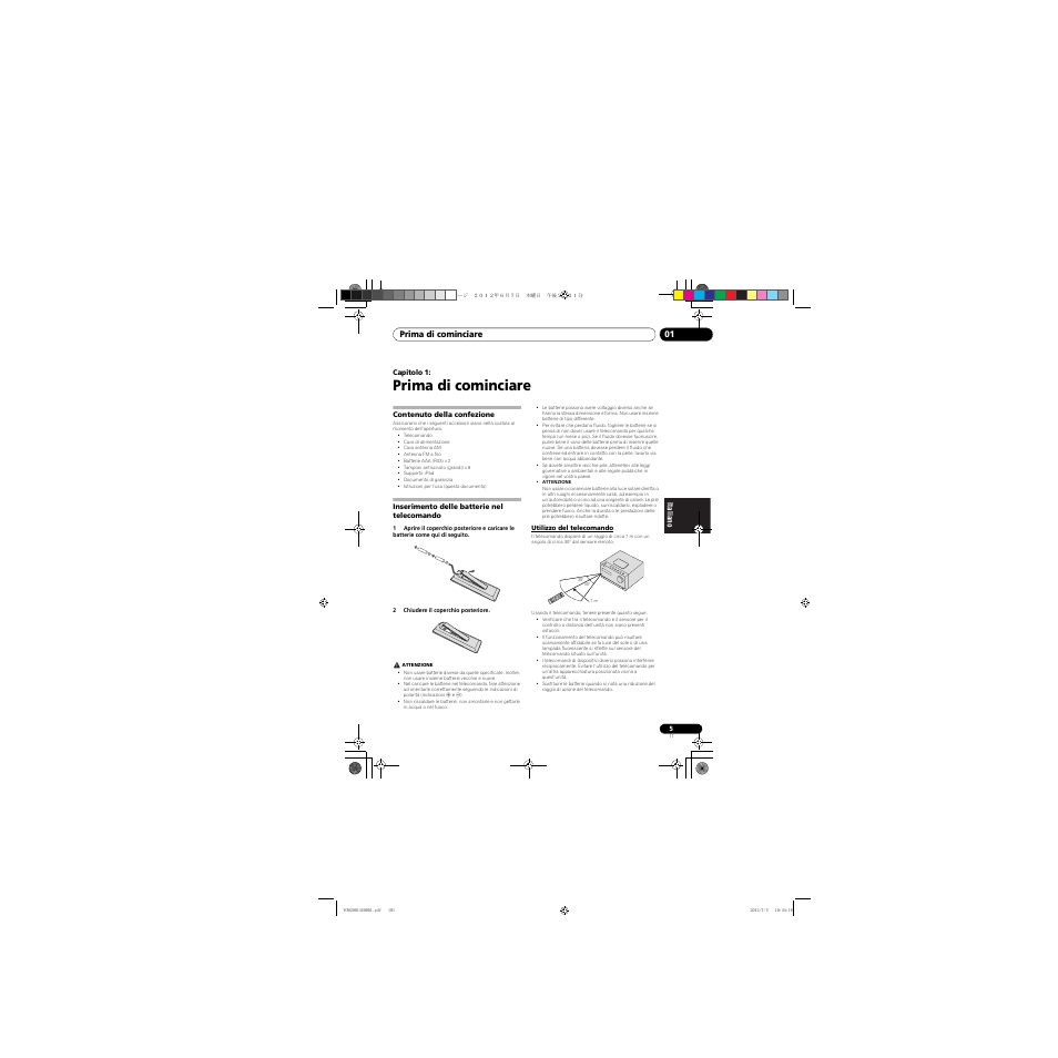 01 prima di cominciare, Contenuto della confezione, Inserimento delle batterie nel telecomando | Utilizzo del telecomando | Pioneer X-CM31-R User Manual | Page 101 / 228