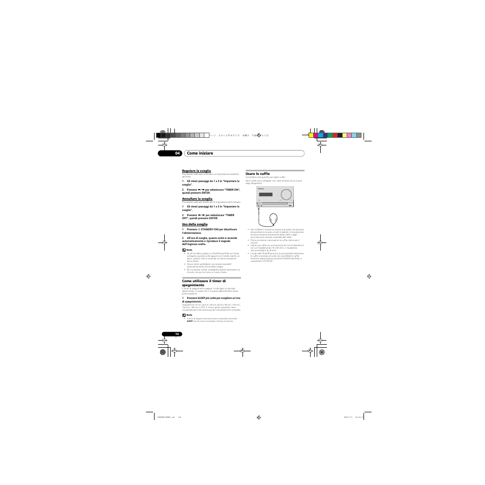 Regolare la sveglia, Annullare la sveglia, Uso della sveglia | Come utilizzare il timer di spegnimento, Usare le cuffie, Timer volume phones audio in ipad | Pioneer X-CM31-R User Manual | Page 110 / 228