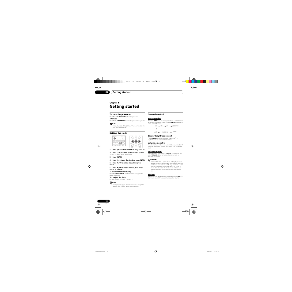 Getting started, To turn the power on, Setting the clock | General control, Input function, Display brightness control, Volume auto set-in, Volume control, Muting, 04 getting started | Pioneer X-CM31-R User Manual | Page 12 / 228